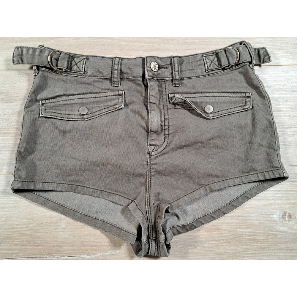 Ecote Womens Utility Mini Shorts Olive Gray D-Ring Waist High Rise Size 28